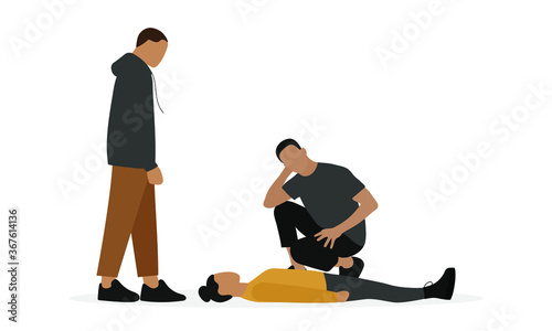 Female character lying on the floor and male characters around her