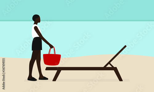 Black female character in summer clothes puts a bag on a deck chair on the beach