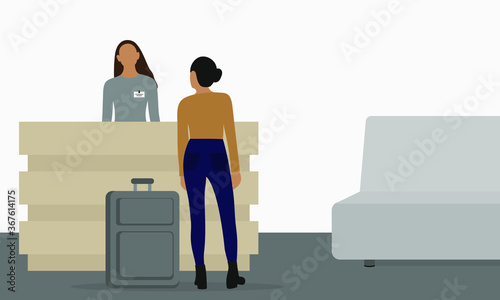Female character with a suitcase talking to the administrator