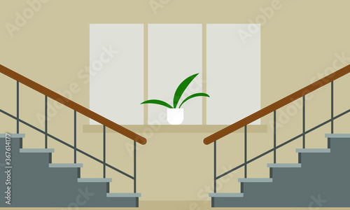 Two stairs on the background of a wall with a window and a plant