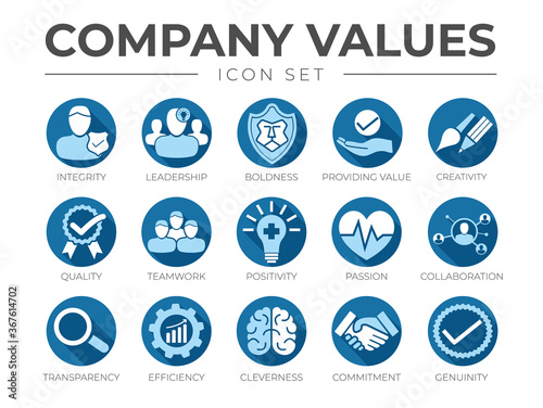 Blue Flat Business Company Values Flat Round Icon Set. Integrity, Leadership, Creativity, Quality, Teamwork, Positivity, Passion, Collaboration, Transparency, Efficiency, Cleverness, Commitment Icons.