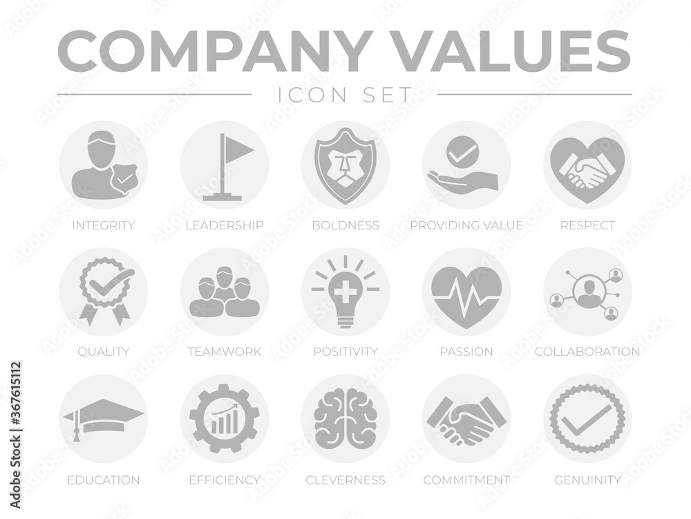 Fototapeta premium Business Company Values Round Gray Icon Set. Integrity, Leadership, Boldness, Value, Respect, Quality, Teamwork, Passion, Collaboration, Education, Efficiency, Cleverness, Commitment, Genuine Icons