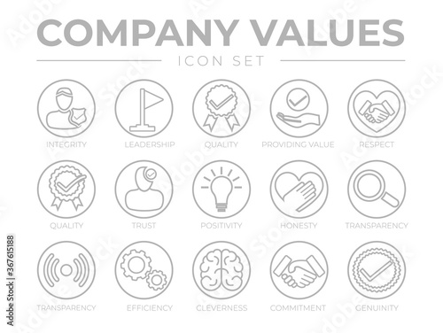Thin Outline Company Values Round Gray Icon Set. Integrity, Leadership, Quality, Value, Respect, Trust, Positivity, Honesty, Transparency, Efficiency, Cleverness, Commitment, Genuinity Icons.