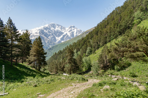 Mountain valley with footpath and glacier on background. Beautiful travel landscape of Caucasus.