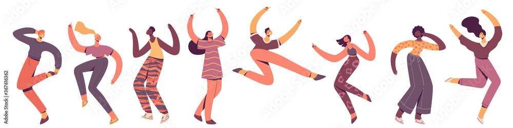 Group of young happy dancing people. Male and female dancers isolated on white background. Smiling young men and women enjoying dance party. Stock vector illustration in flat trendy style.