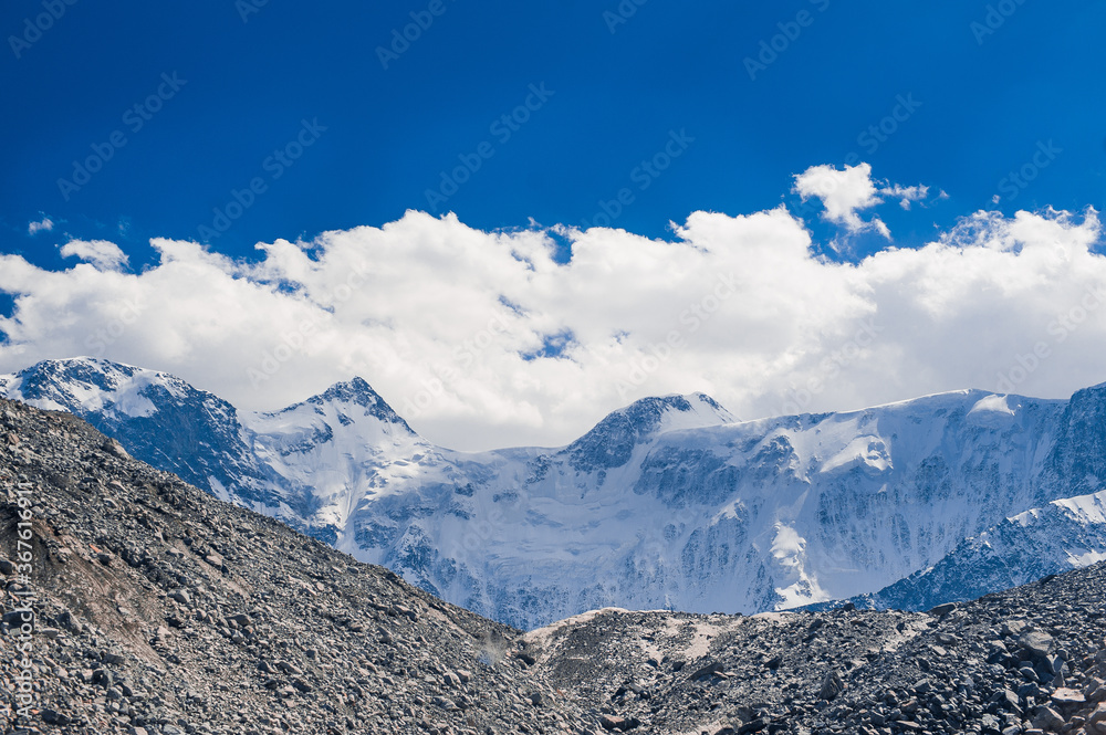 Mount Beluha is close-up shot horizontally. Altai.