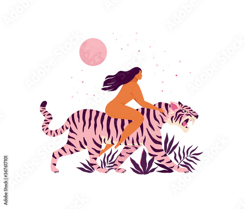 Tiger and a women inspirational poster. Love yourself 8 of march greeting card.