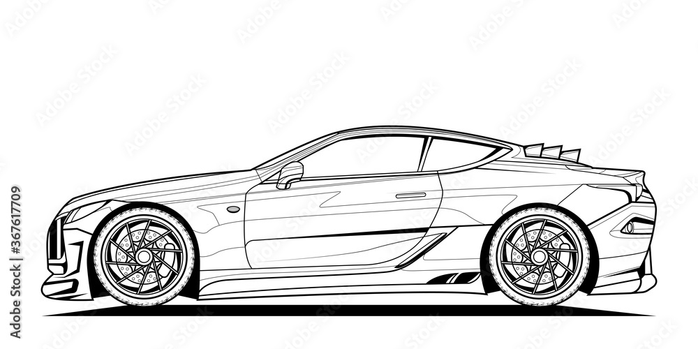 Adult coloring page for book and drawing. Original Car vector line art illustration. High speed drive vehicle. Graphic element. wheel. Black contour sketch illustrate Isolated on white background.