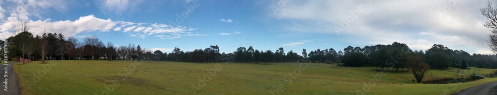 Morning panoramic view of a beautiful park with green grass, tall trees and blue puffy sky, Fagan park, Galston, Sydney, New South Wales, Australia