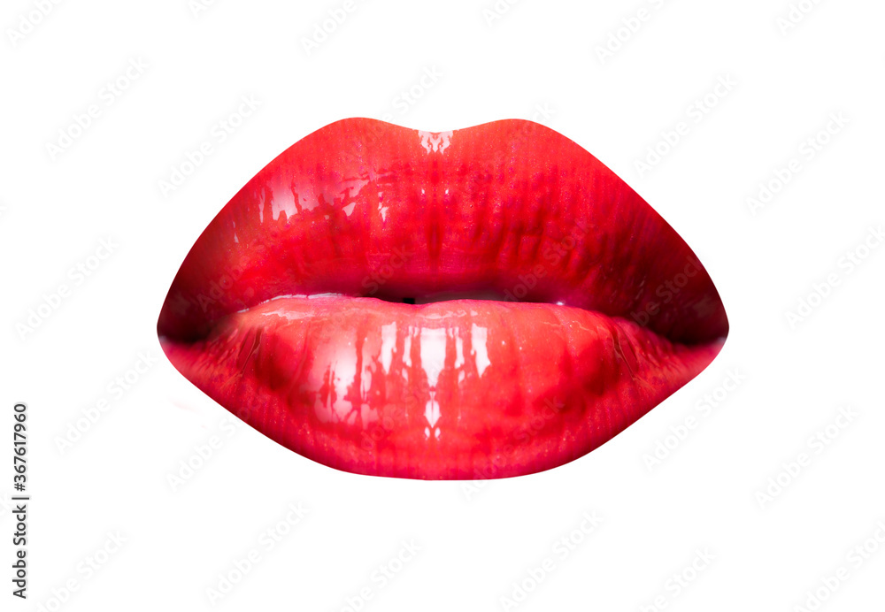 Red lips on white background. Beautiful female lips.