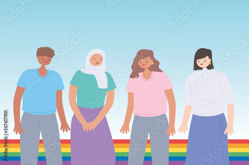 LGBTQ community, young people rainbow flag celebration, gay parade sexual discrimination protest