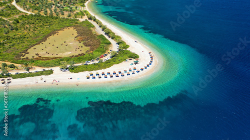 Aerial drone photo of paradise bay and beach of Agios Dimitrios with amazing turquoise clear sea, Alonissos island, Sporades, Greece