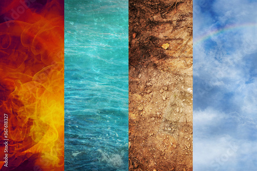Four Elements of Nature, collage of abstract backgrounds from Fire, Water, Earth, and Air, ecology concept
