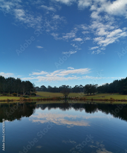 Beautiful morning view of a still pond in a park with stunning reflections of blue puffy sky and tall trees, Fagan park, Galston, Sydney, New South Wales, Australia