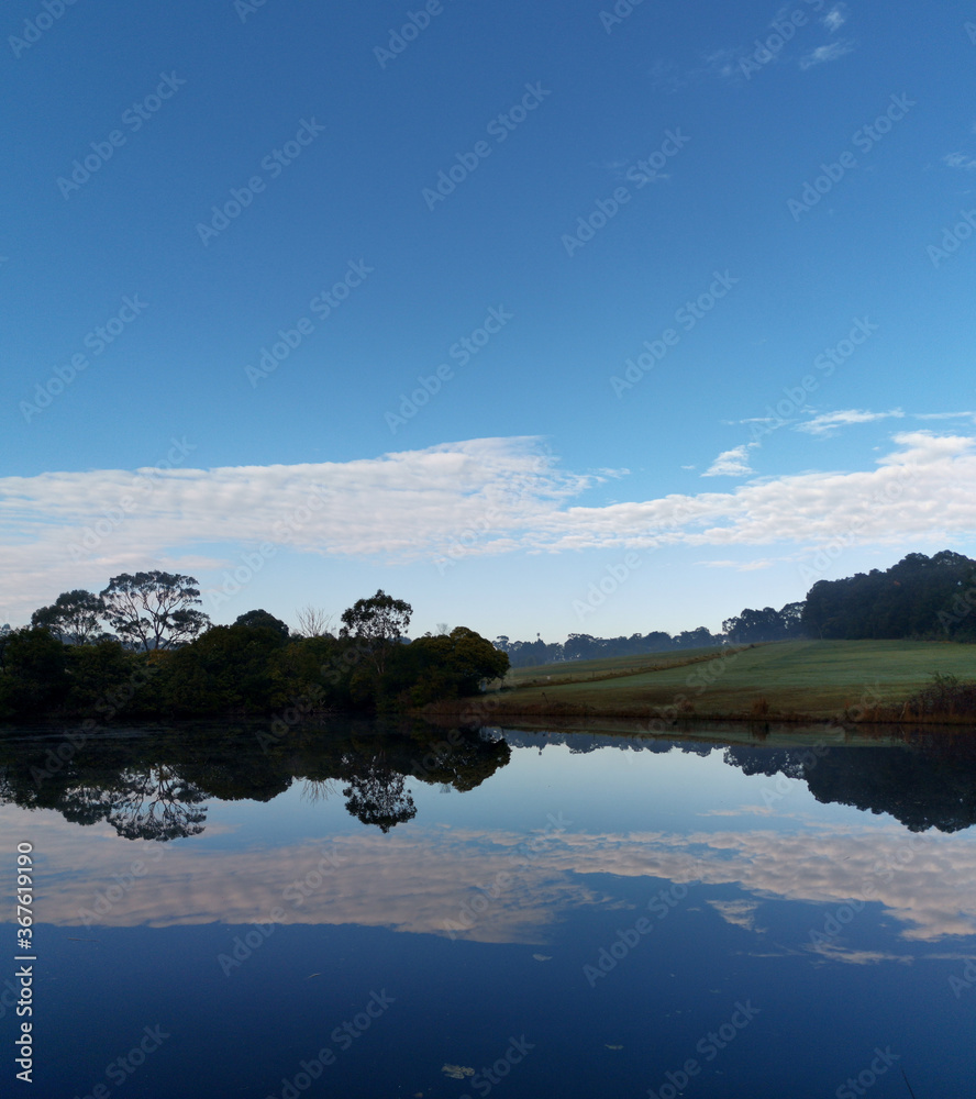 Beautiful morning view of a still pond in a park with stunning reflections of blue puffy sky and tall trees, Fagan park, Galston, Sydney, New South Wales, Australia
