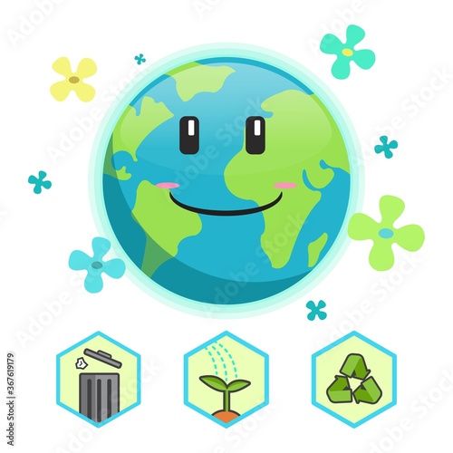 Earth cartoon in healthy condition smiling with icon to help the earth