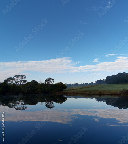 Beautiful morning view of a still pond in a park with stunning reflections of blue puffy sky and tall trees, Fagan park, Galston, Sydney, New South Wales, Australia