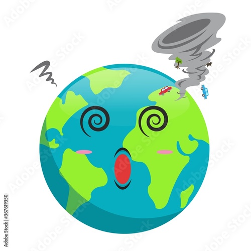 Earth cartoon with tornado on it showing a tornado blew up cars, tree and animal