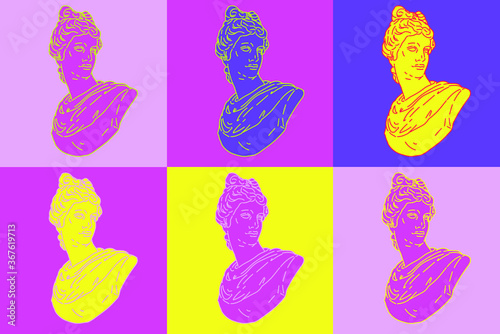 Pop art style collage with colorful gypsum heads. Illustration with psychedelic trippy vibe.