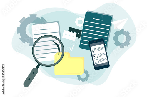 Flat image. Business documents under a magnifying glass, important information, office sheets of paper, agreements on a white background. Vector image.