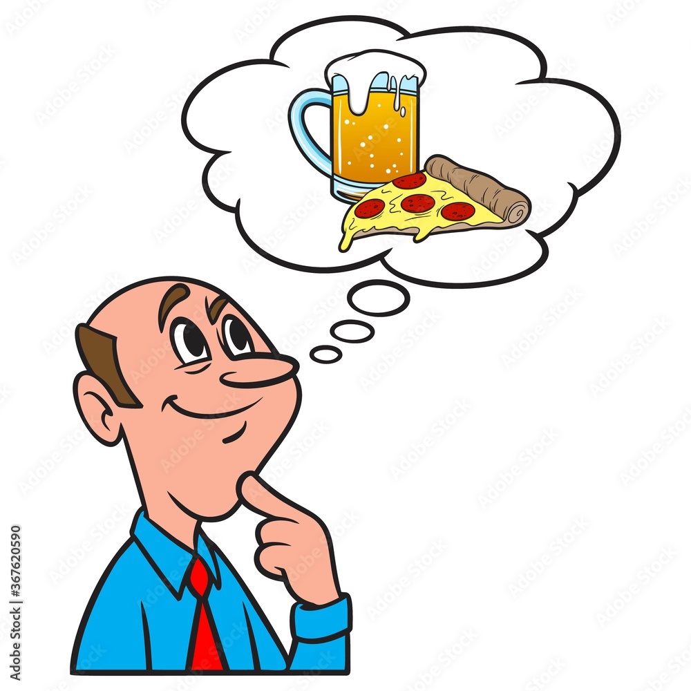 Thinking about Pizza and Beer - A cartoon illustration of a man thinking about a slice of Pizza and a mug of Beer. Thinking about Pizza and Beer - A cartoon illustration of a man thinking about a slice of Pizza and a mug of Beer.