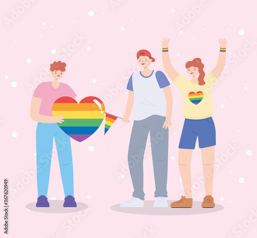 LGBTQ community, celebrating group young people with heart flag rainbow, gay parade sexual discrimination protest