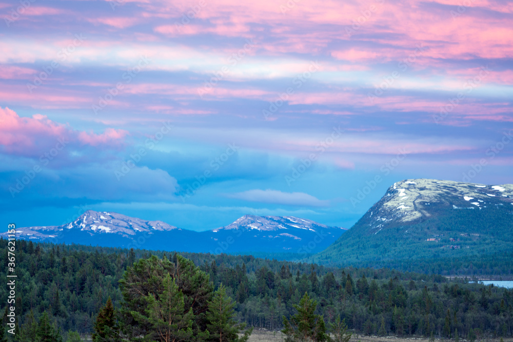 Pink skies and sunset colors over beautiful landscape scenery with snow capped mountains and forest view.