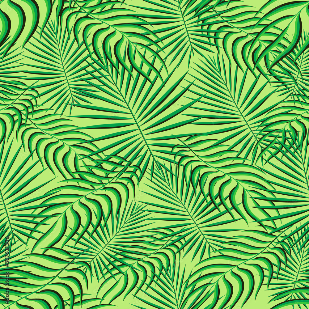 Tropical palm leaves pattern seamless background. Exotic floral fashion foliage art pattern. Seamless beautiful botany palm tree summer decoration design. Print pattern for textile swimwear. Vector.