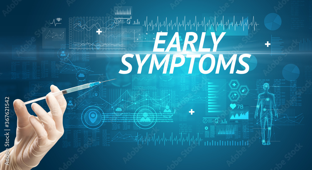 Syringe needle with virus vaccine and EARLY SYMPTOMS inscription, antidote concept Syringe needle with virus vaccine and EARLY SYMPTOMS inscription, antidote concept