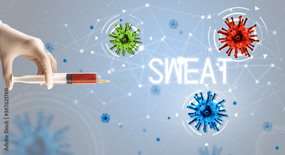Syringe, medical injection in hand with SWEAT inscription, coronavirus vaccine concept Syringe, medical injection in hand with SWEAT inscription, coronavirus vaccine concept