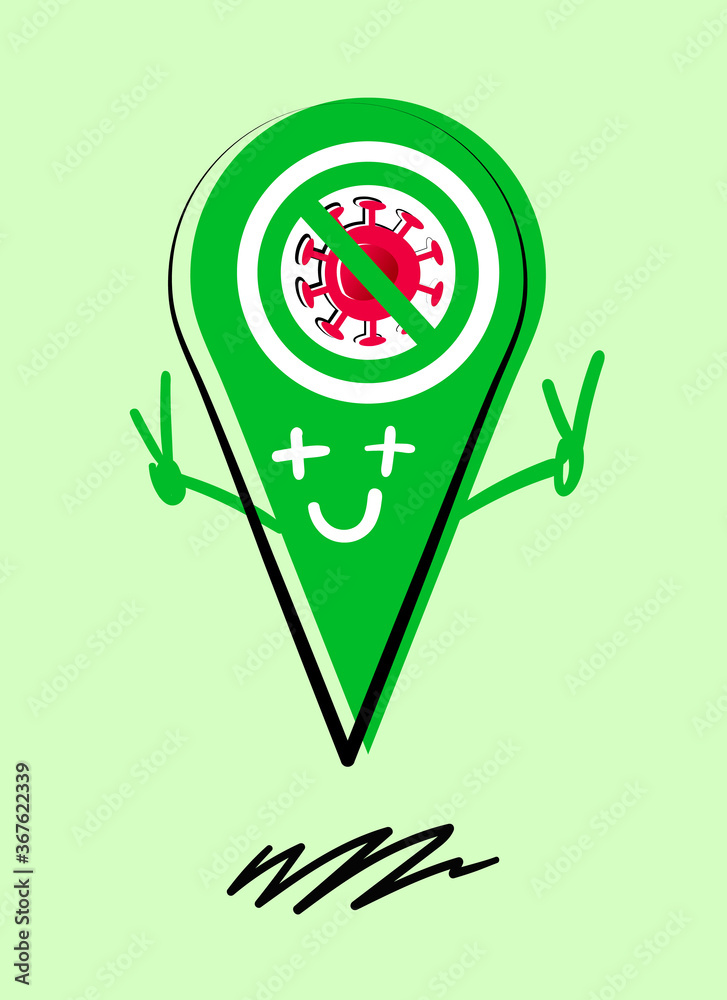 Geolocation of recovering area from coronavirus. Geo position icon with image of a covid-19 virus molecule. Epicenter of the end of infection, map, point, epidemic, danger. Stock vector illustration. Geolocation of recovering area from coronavirus. Geo position icon with image of a covid-19 virus molecule. Epicenter of the end of infection, map, point, epidemic, danger. Stock vector illustration.
