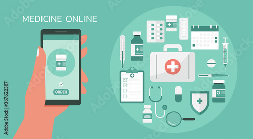 medicine online concept, human hand holding phone with drug bottle on screen and medical stuff on background, vector flat illustration