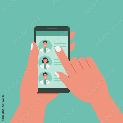 patient choosing doctor for an appointment online on mobile screen, healthcare, medical and technology concept, vector flat illustration