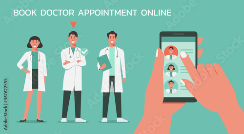 patient using mobile app and choosing doctor to book appointment online, healthcare, medical and technology concept, vector flat illustration