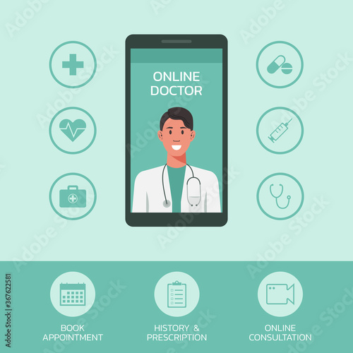 online doctor concept, medical staff on mobile with icon, healthcare and technology, vector flat illustration