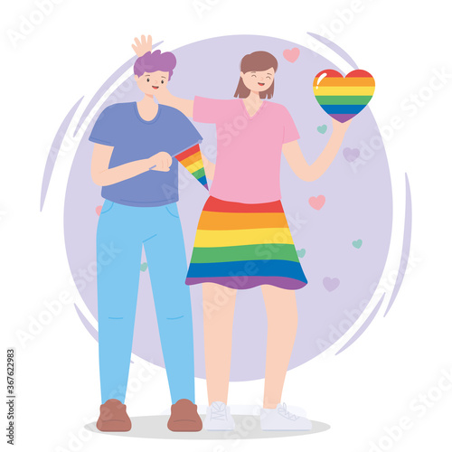 LGBTQ community, lesbian with skirt and heart rainbow and man with flag, gay parade sexual discrimination protest