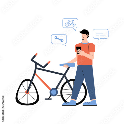 Broken bike and a young man nearby calls with smartphone a mobile bicycle repair service isolated on white background. Broken wheel needs repair. Flat design vector bike repair concept illustration.