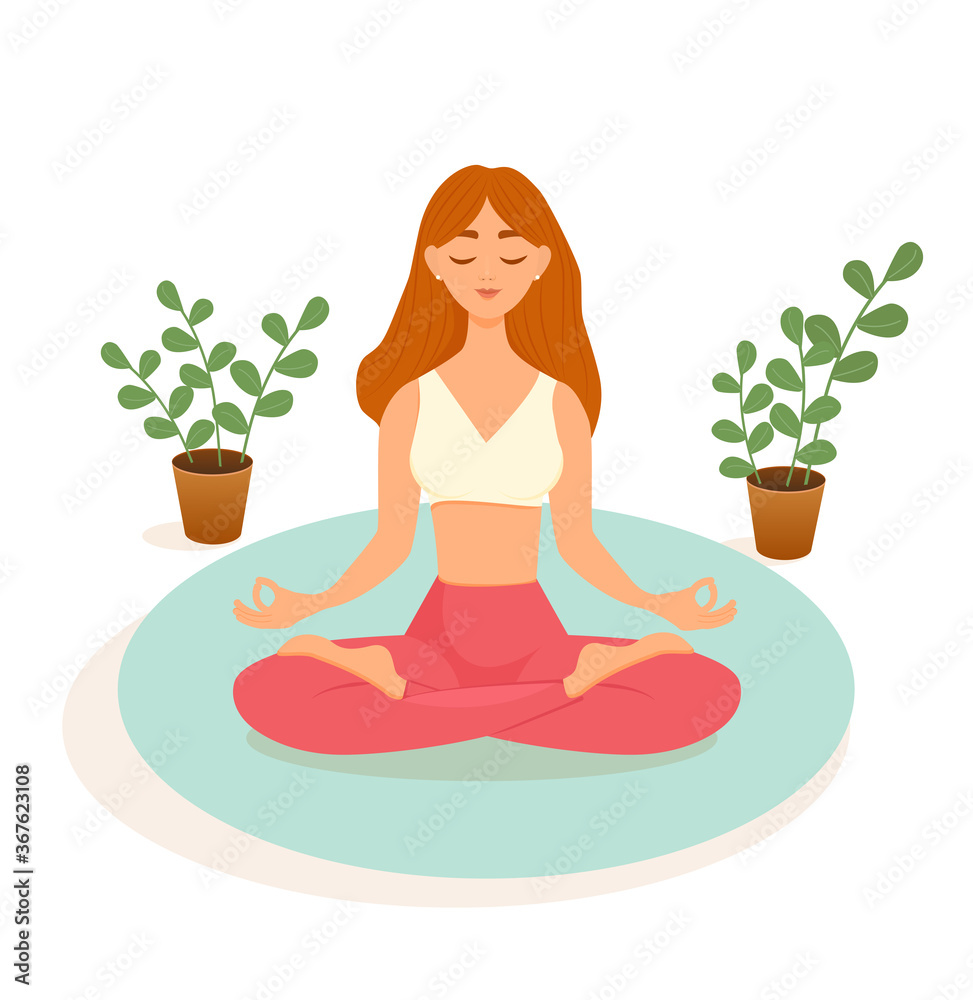 Red-haired woman practices yoga in the lotus position on a blue mat on a white background. Vector illustration of a woman doing asanas. The concept of yoga, meditation, sports, healthy lifestyle Red-haired woman practices yoga in the lotus position on a blue mat on a white background. Vector illustration of a woman doing asanas. The concept of yoga, meditation, sports, healthy lifestyle