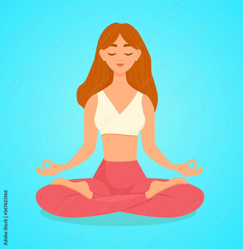 The red-haired woman practices yoga in the lotus position. Vector illustration of a woman doing asanas. The concept of yoga, meditation, sports, healthy lifestyle. Young and happy woman meditates.
