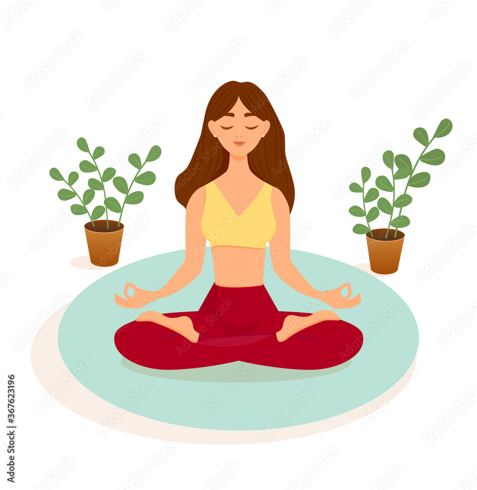 The brunette girl practices yoga in the lotus position on a blue carpet on a white background. Vector illustration of a woman doing asanas. The concept of yoga, meditation, sports, healthy lifestyle The brunette girl practices yoga in the lotus position on a blue carpet on a white background. Vector illustration of a woman doing asanas. The concept of yoga, meditation, sports, healthy lifestyle