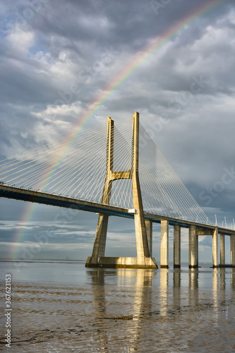 Rainbow on the Vasco de Gama Bridge, Lisbon, Portugal