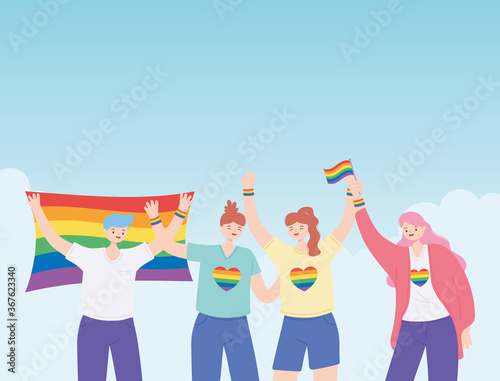 LGBTQ community, happy group people tolerance celebration, gay parade sexual discrimination protest