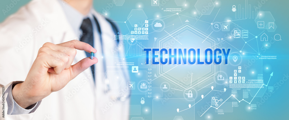 Doctor giving a pill with TECHNOLOGY inscription, new technology solution concept Doctor giving a pill with TECHNOLOGY inscription, new technology solution concept