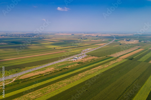 agriculture field from aerial view in serbia near highway