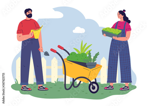 Couple of gardeners working with equipment and a pot with greenery.Flat vector illustration.Young woman and man with microgreens.Pleasant active rest in the garden.Plants cultivating and nursery. © Olha