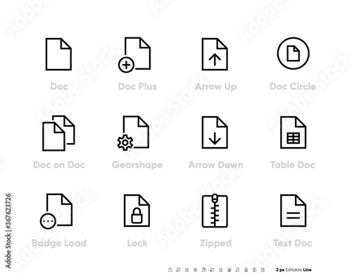 Document line icons set, outline vector symbol Editing pictogram pack. Collection includes icons as doc, file, table, lock, zipped file, text. Signs, logo illustration.
