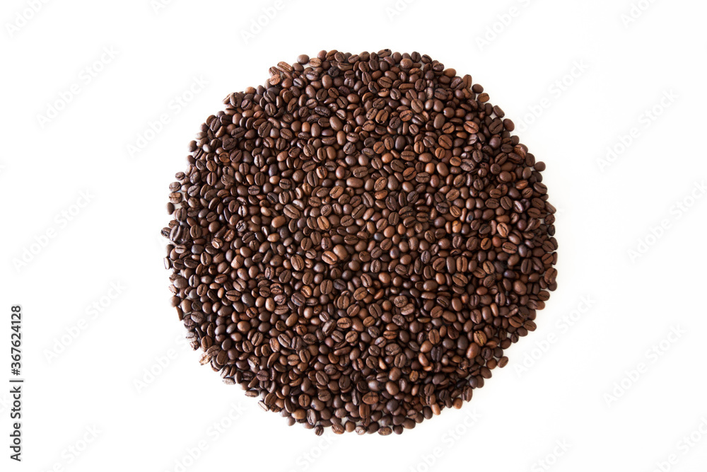 Circle of roasted coffee beans isolated on white background Circle of roasted coffee beans isolated on white background