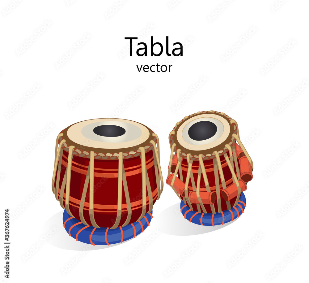 Tabla percussion oriental musical instrument. Double drum, the main  percussion instrument of Indian classical music. Vector illustration of a  drum on a white background, the text can be replaced. vector de Stock