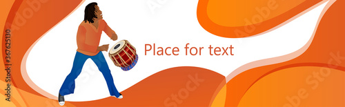 Banner Music Festival Dance Party, flyer, magazine cover, poster template. Vector illustration of an african american male dancer and drum instrument Tambla on an orange background.