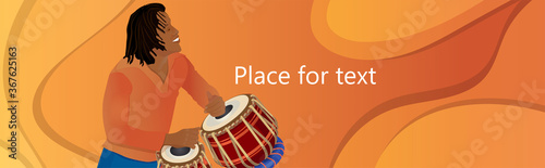 Banner Music Festival Dance Party, flyer, magazine cover, poster template. Vector illustration of an african american male dancer and drum instrument Tambla on an orange background.